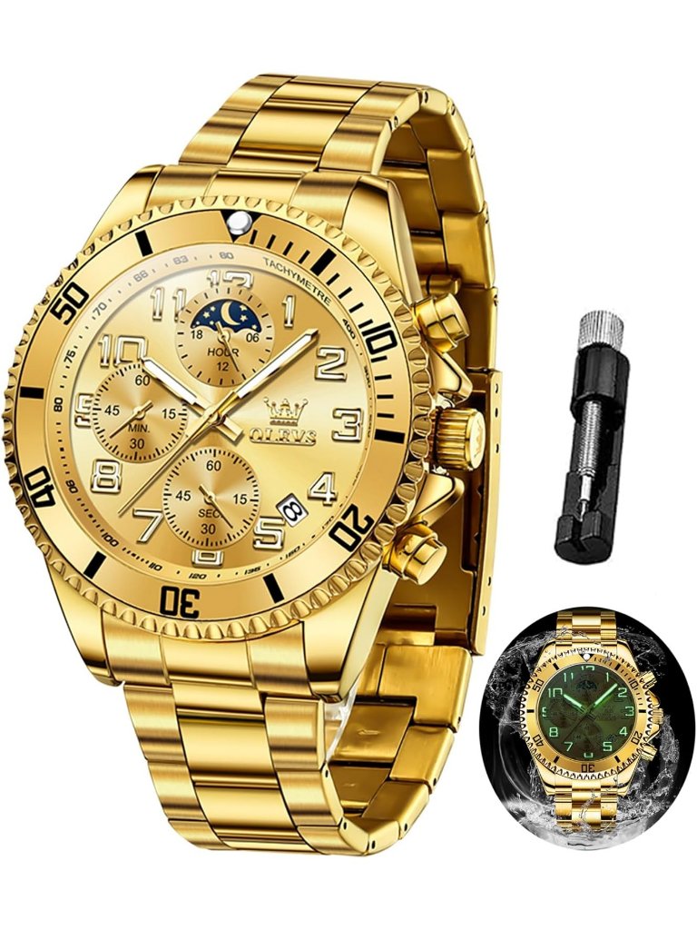 Men's Gold Stainless Steel Chronograph Analog Quartz Waterproof Luxury Watch